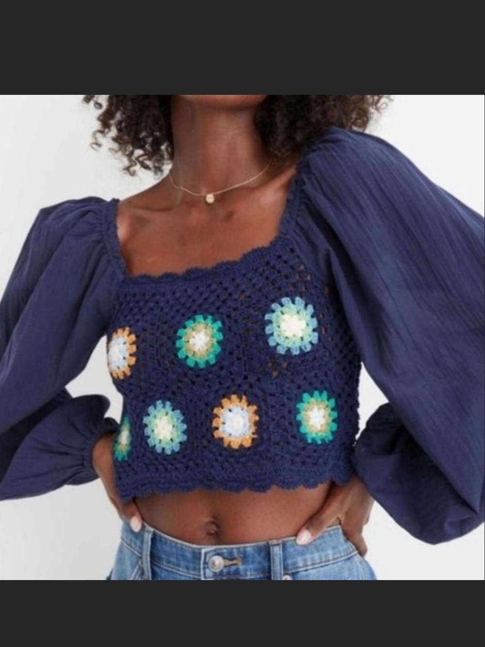 Aerie Navy Crochet Puff-Sleeve Crop Top with Multicolor Motifs